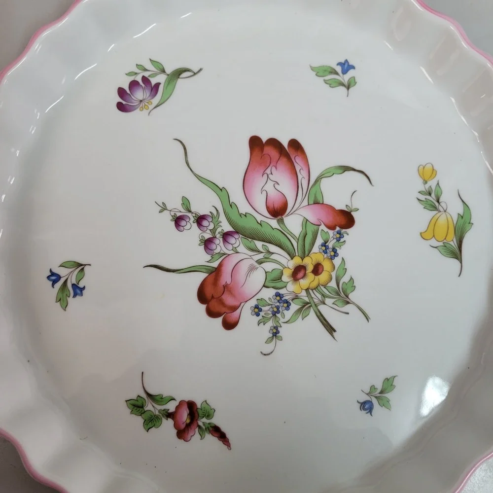 Spode Marlborough Sprays Oven to Tableware Tart Quiche Pie Dish‎ Floral Pink Rim